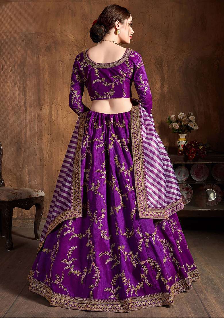 Purple Embroidered Mulberry Silk Blend Lehenga Set for Diwali and Festive Wear - Indya