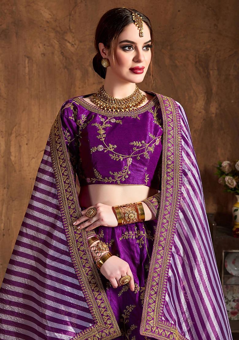 Purple Embroidered Mulberry Silk Lehenga Set
