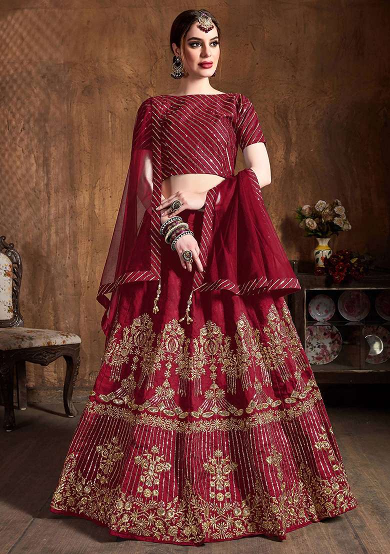 Red Embroidered Art Silk Lehenga Set - Indya