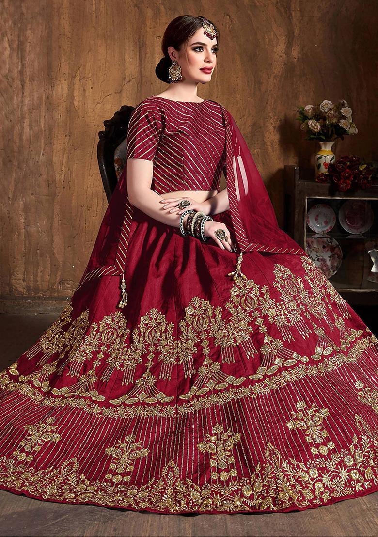 Red Embroidered Art Silk Lehenga Set