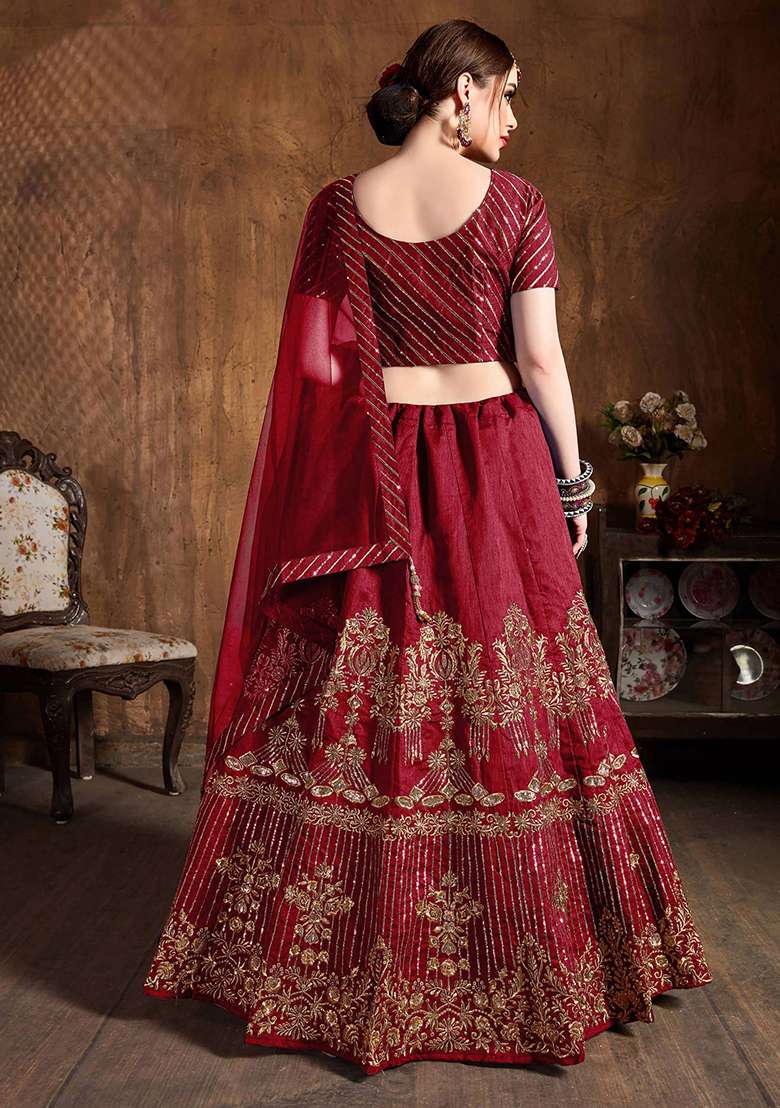 Red Embroidered Art Silk Lehenga Set - Indya