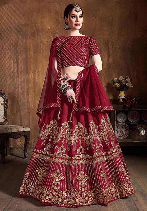 Red Embroidered Art Silk Lehenga Set