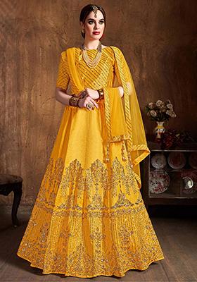 Yellow Embroidered Art Silk Lehenga Set