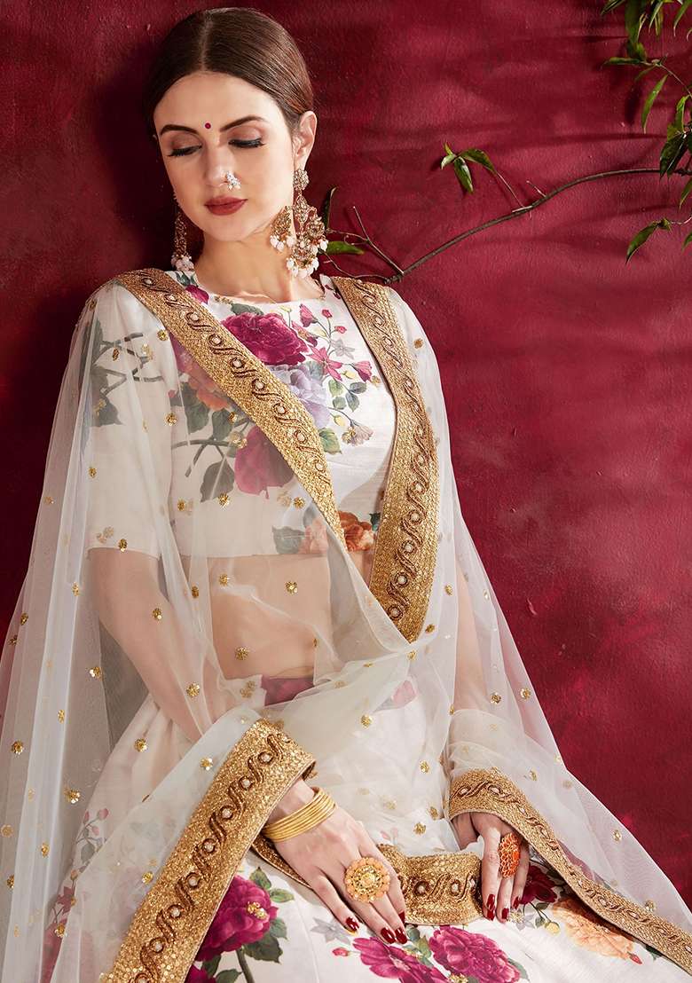 Off White Floral Print Silk Blend Lehenga Set for Diwali and Festive Wear - Indya