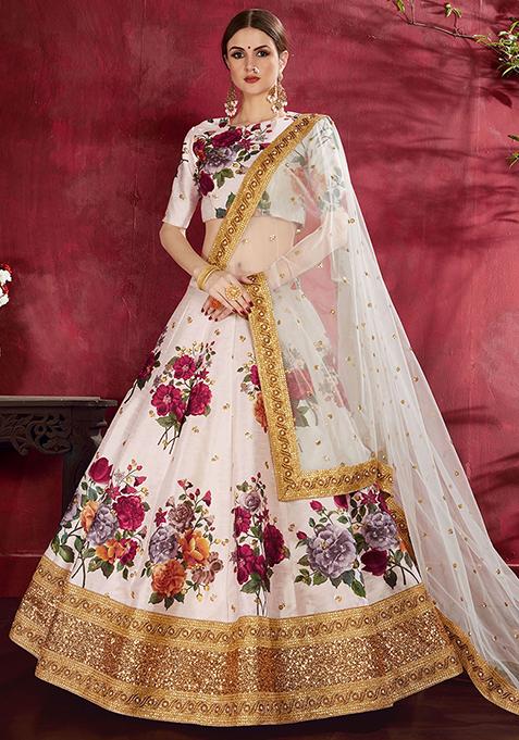 Off White Floral Print Silk Lehenga Set