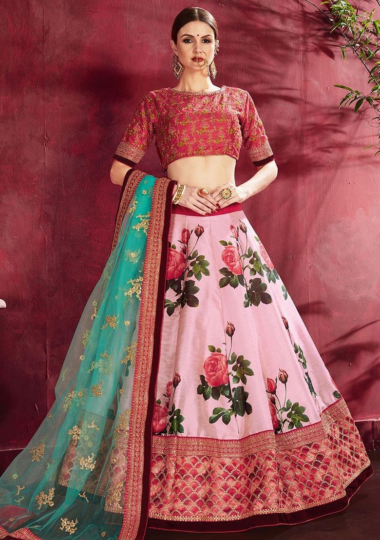 Pink Floral Print Silk Lehenga Set