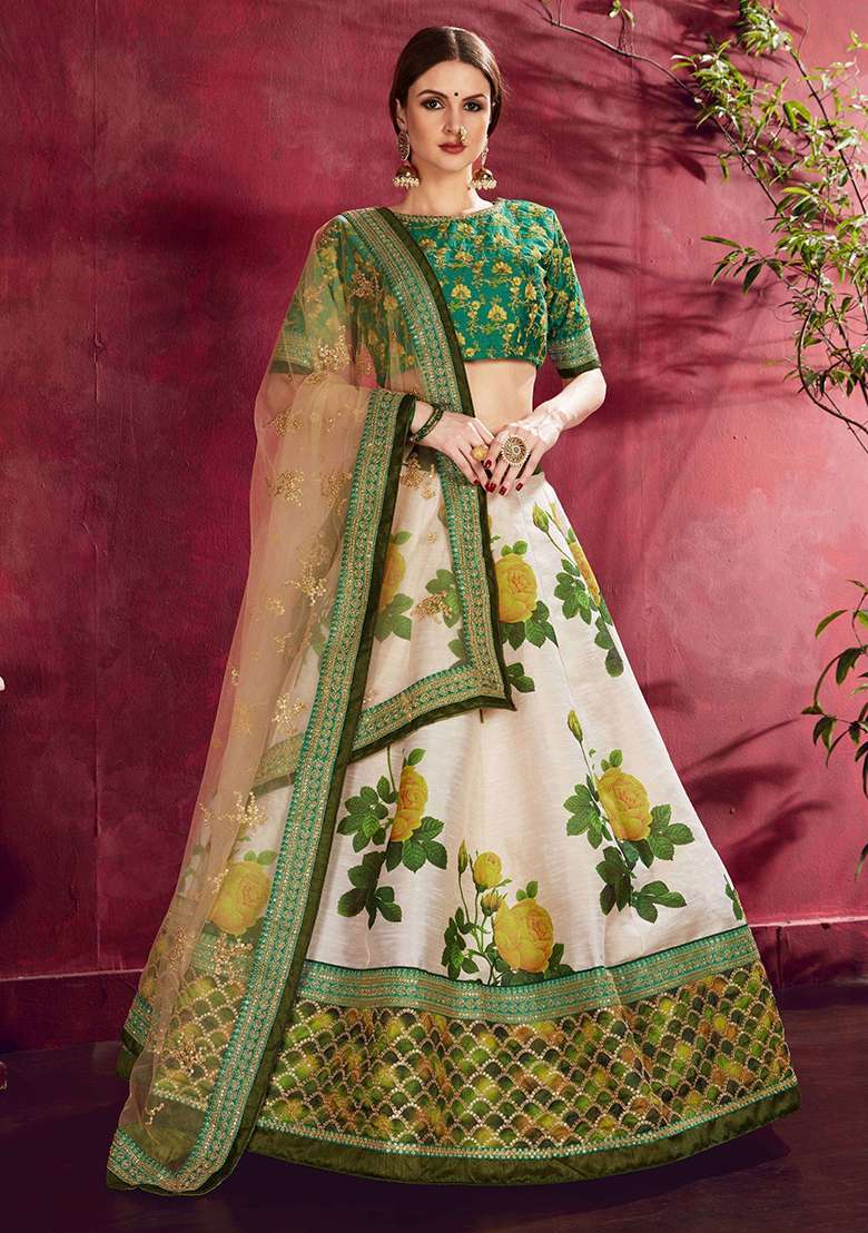 Cream Silk Blend Lehenga Set with Floral Print for Diwali | Wedding & Festive Wear - Indya