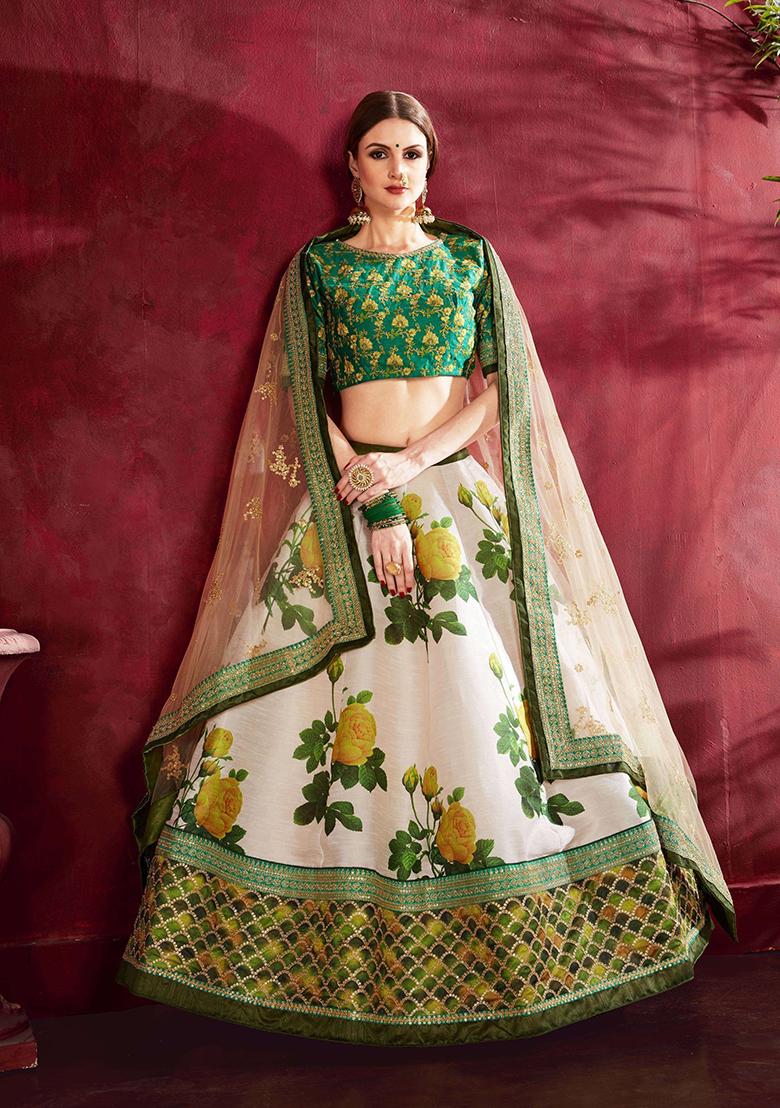 Cream Floral Print Silk Lehenga Set