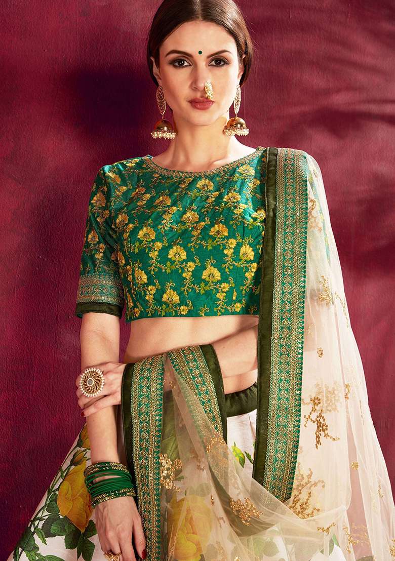 Cream Silk Blend Lehenga Set with Floral Print for Diwali | Wedding & Festive Wear - Indya