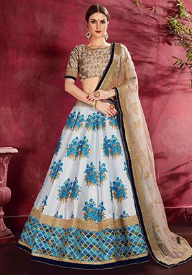 White Floral Print Silk Lehenga Set