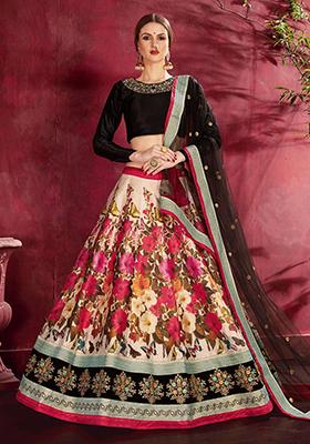 Multicolour Floral Print Silk Lehenga Set