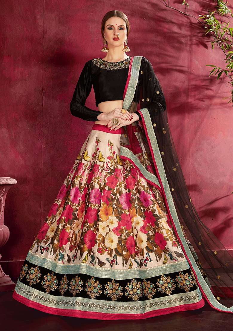 Multicolour Silk Blend Lehenga Set with Floral Print for Diwali | Wedding & Festive Wear - Indya