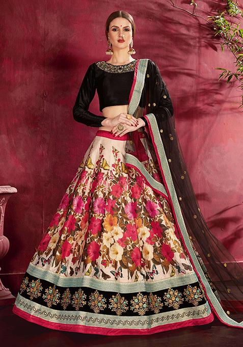 Multicolour Floral Print Silk Lehenga Set