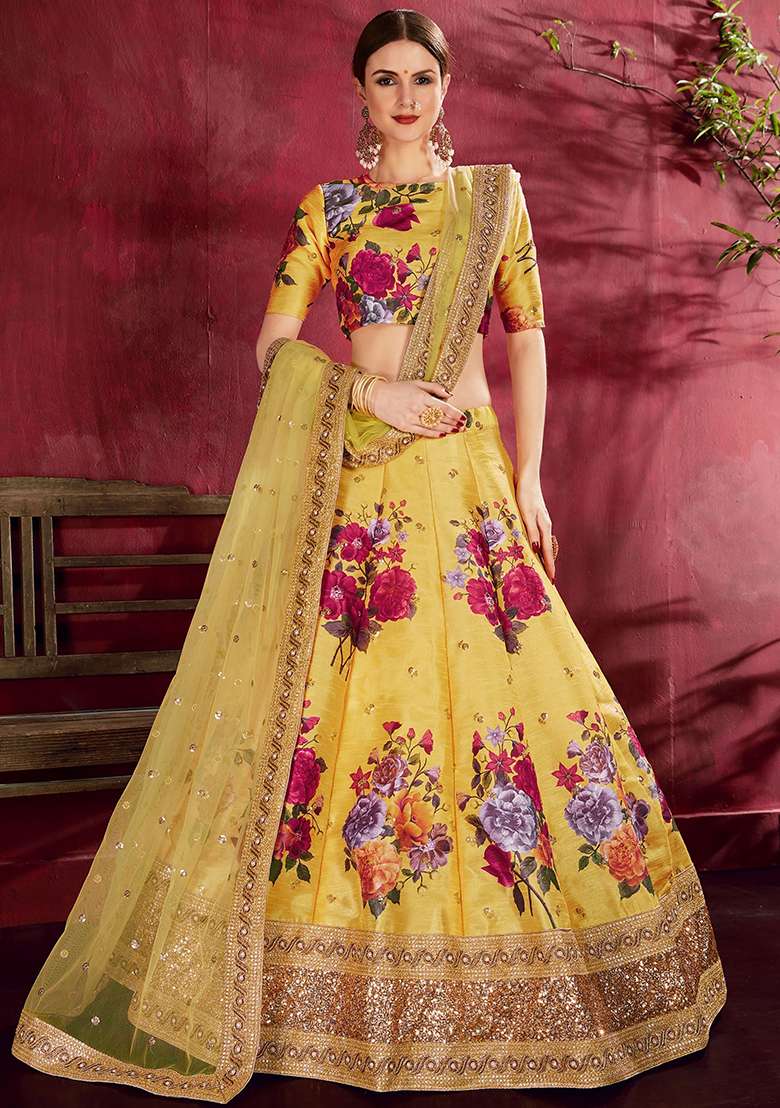 Yellow Floral Print Silk Blend Lehenga Set for Diwali and Festive Wear - Indya