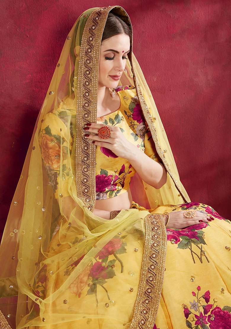 Yellow Floral Print Silk Blend Lehenga Set for Diwali and Festive Wear - Indya