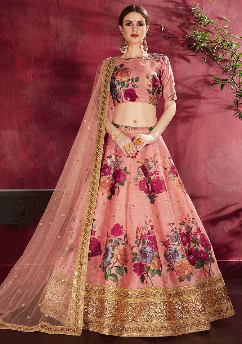 Peach Silk Blend Lehenga Set with Floral Print for Diwali | Wedding & Festive Wear - Indya
