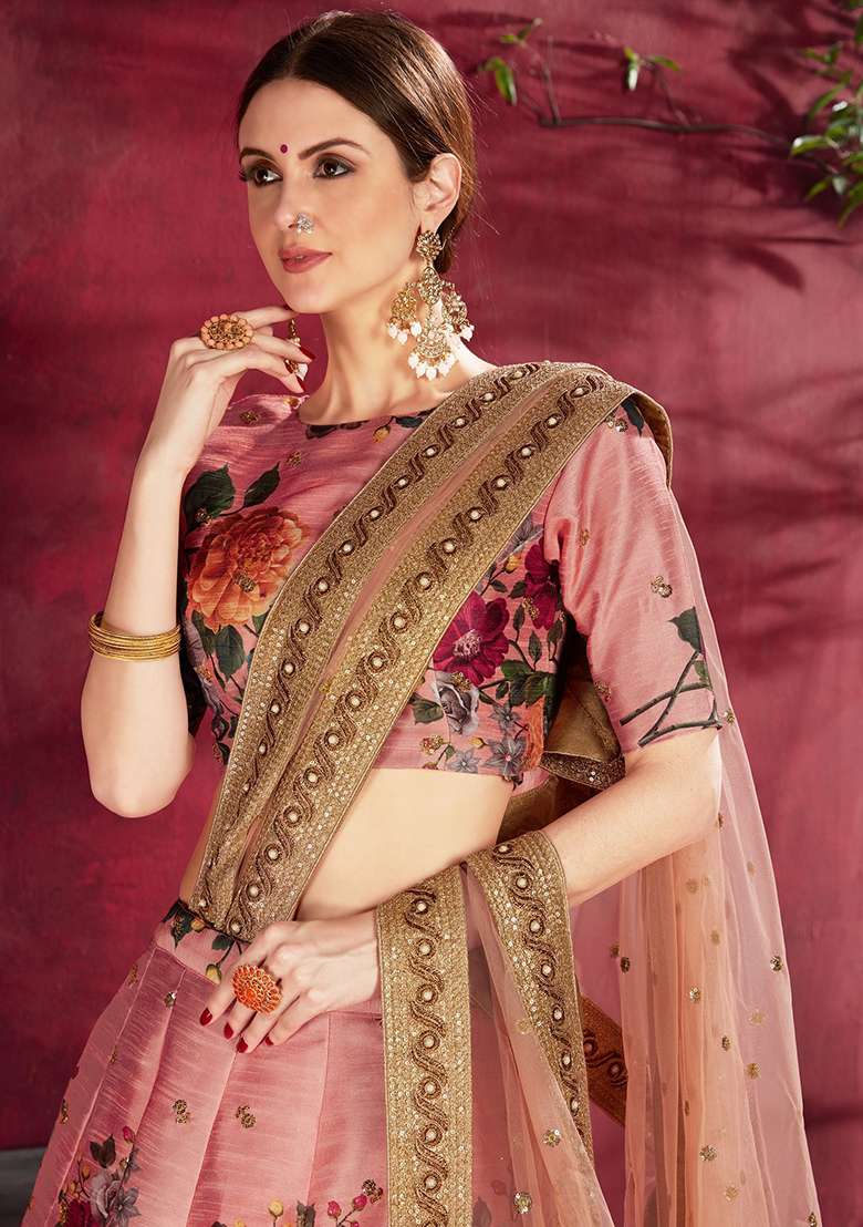 Peach Silk Blend Lehenga Set with Floral Print for Diwali | Wedding & Festive Wear - Indya