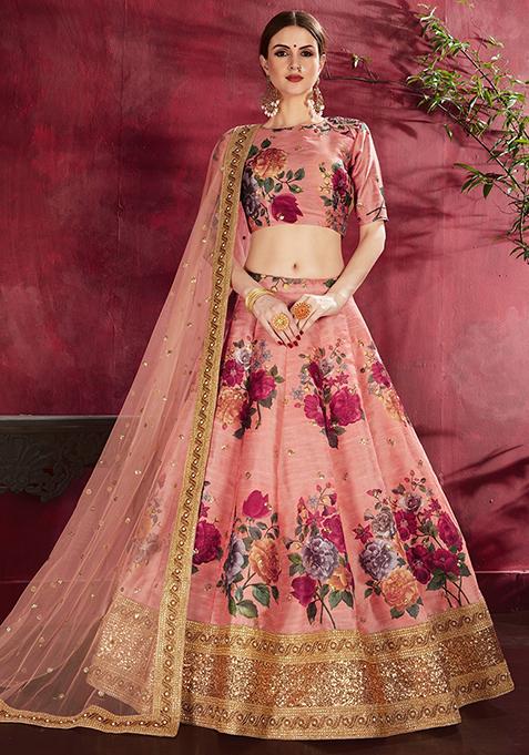 Peach Floral Print Silk Lehenga Set