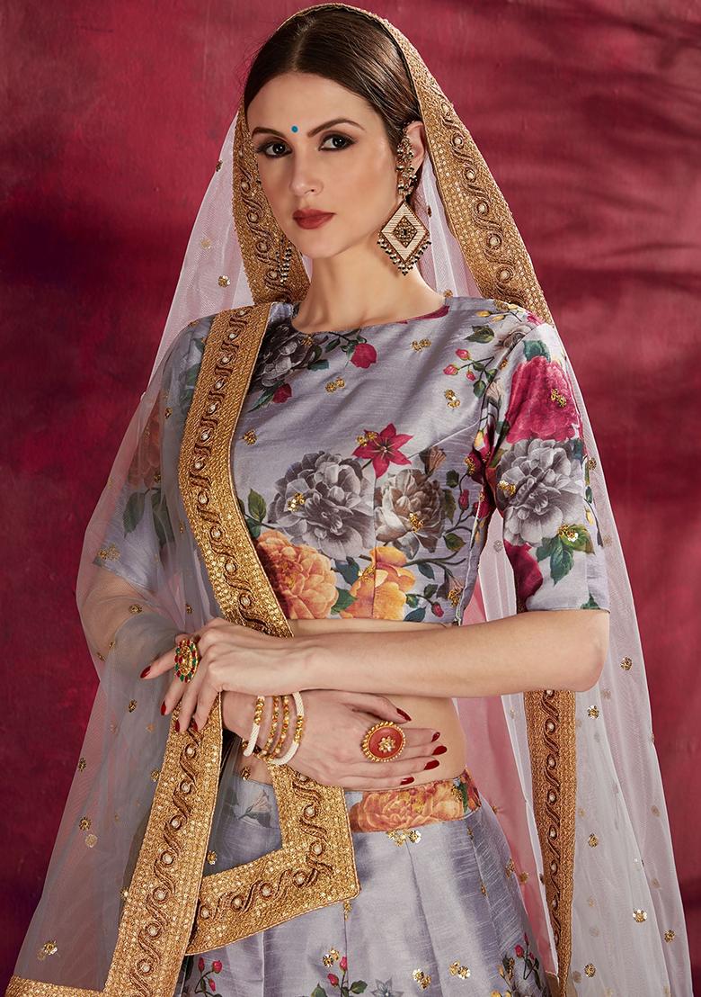 Grey Floral Print Silk Lehenga Set