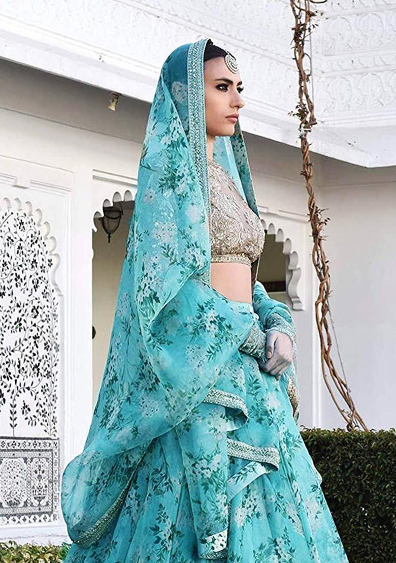 Sky Blue Floral Print Organza Lehenga Set
