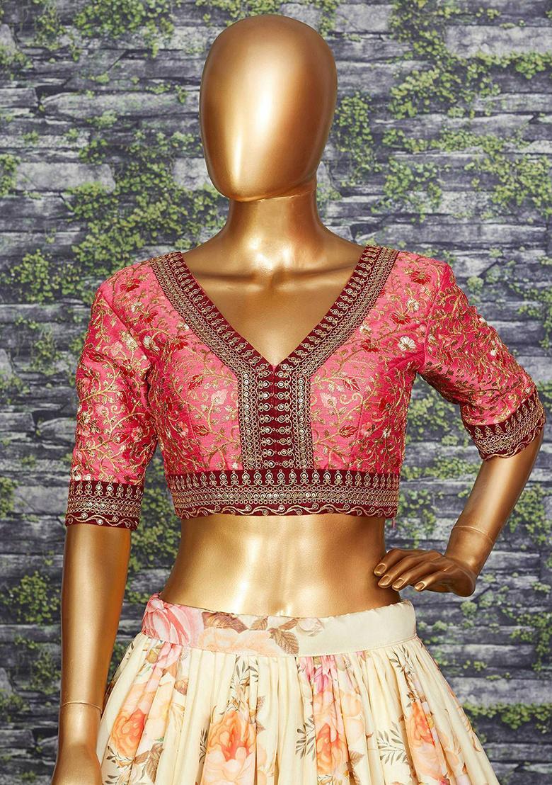 Off White Floral Print Organza Lehenga Set