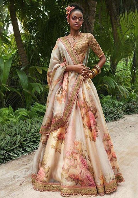 Off White Floral Print Organza Lehenga Set