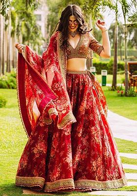 Maroon Floral Print Organza Lehenga Set