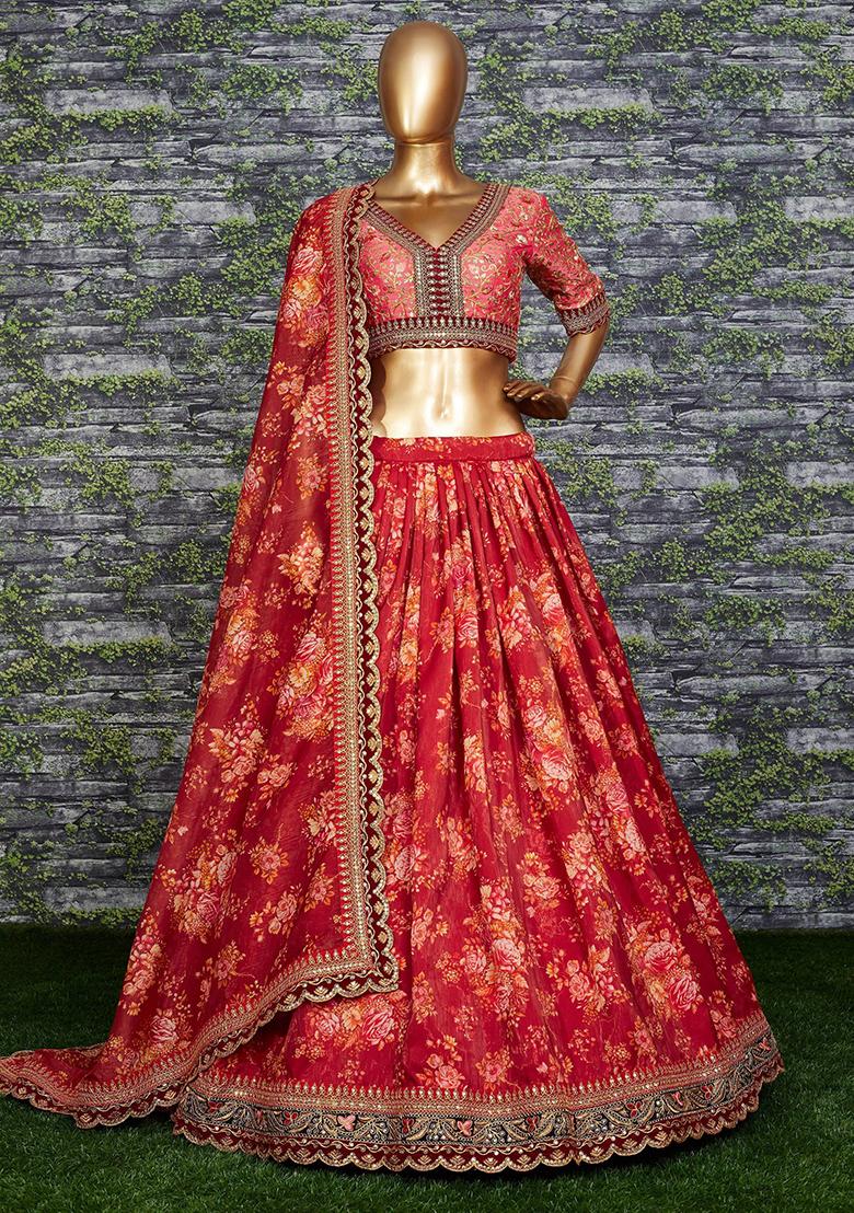 Maroon Floral Print Organza Lehenga Set