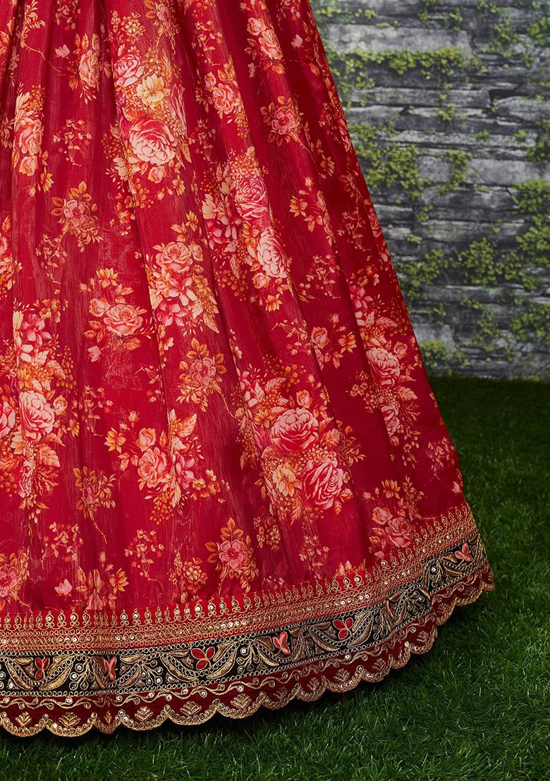 Maroon Floral Print Organza Lehenga Set