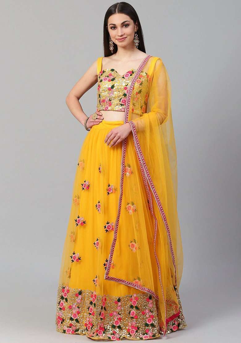 Yellow Poly Blend Lehenga Set with Embroidered for Diwali | Wedding & Festive Wear - Indya
