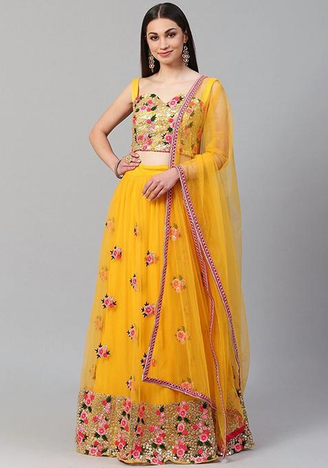 Yellow Embroidered Poly Blend Lehenga Set