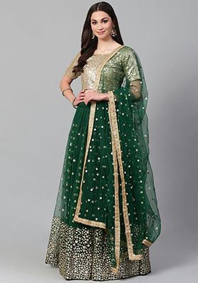 Green Embroidered Poly Blend Lehenga Set
