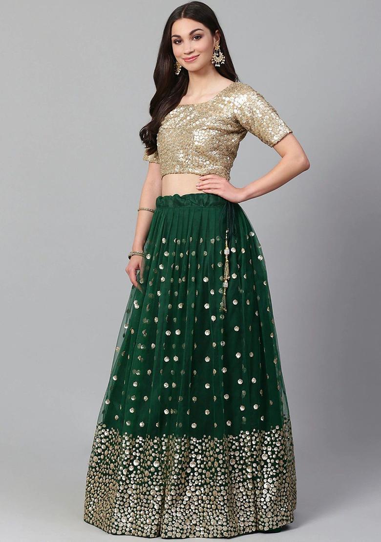 Green Embroidered Poly Blend Lehenga Set