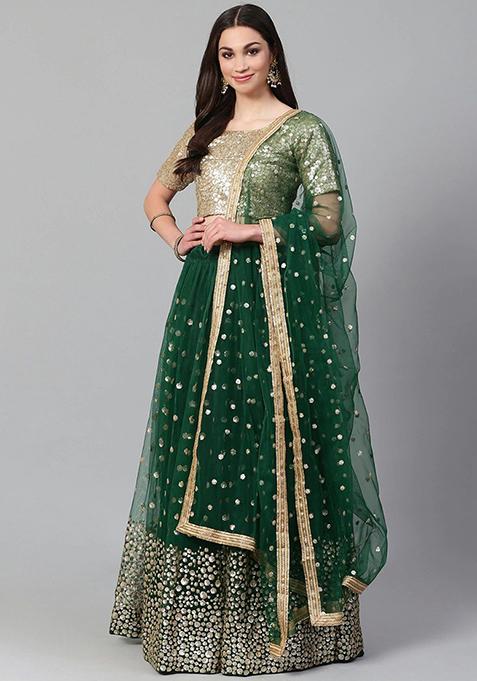 Green Embroidered Poly Blend Lehenga Set