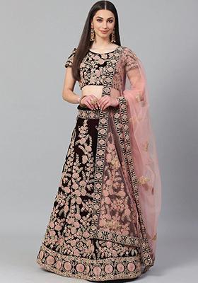 Maroon Embroidered Poly Blend Lehenga Set
