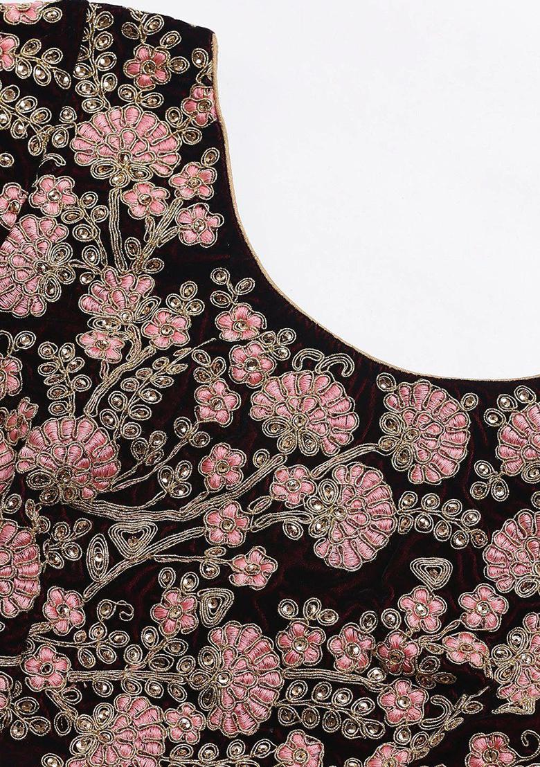 Maroon Embroidered Poly Blend Lehenga Set