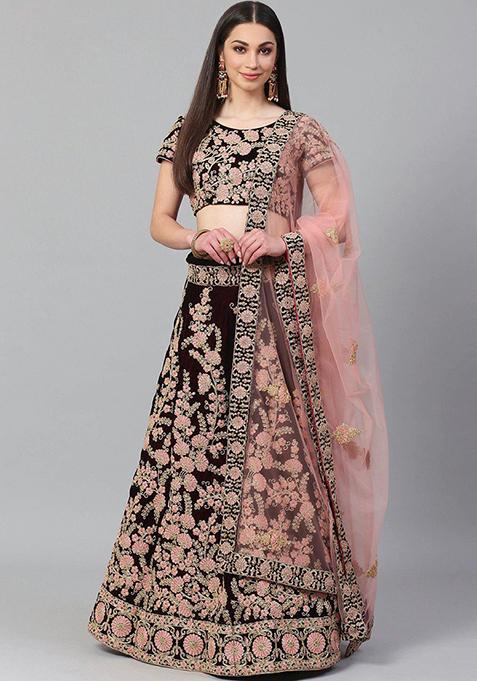 Maroon Embroidered Poly Blend Lehenga Set