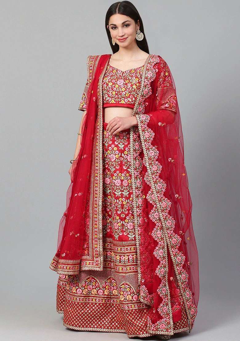 Red Embroidered Poly Blend Lehenga Set for Diwali and Festive Wear - Indya