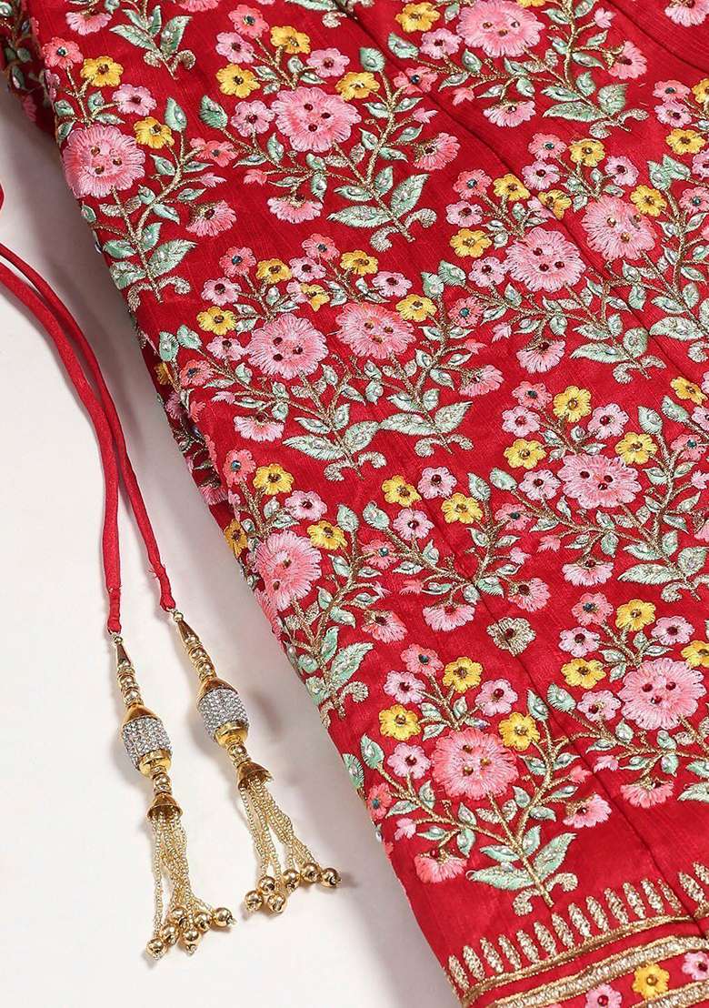 Red Embroidered Poly Blend Lehenga Set for Diwali and Festive Wear - Indya
