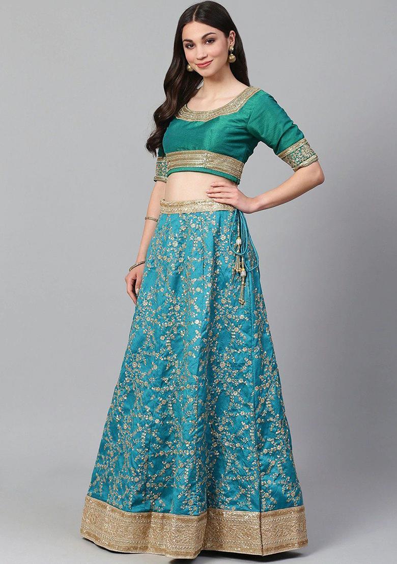Blue Embroidered Poly Blend Lehenga Set