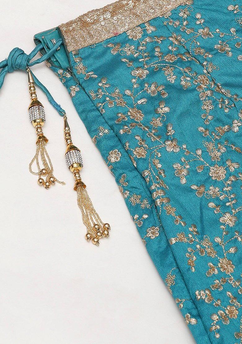 Blue Embroidered Poly Blend Lehenga Set