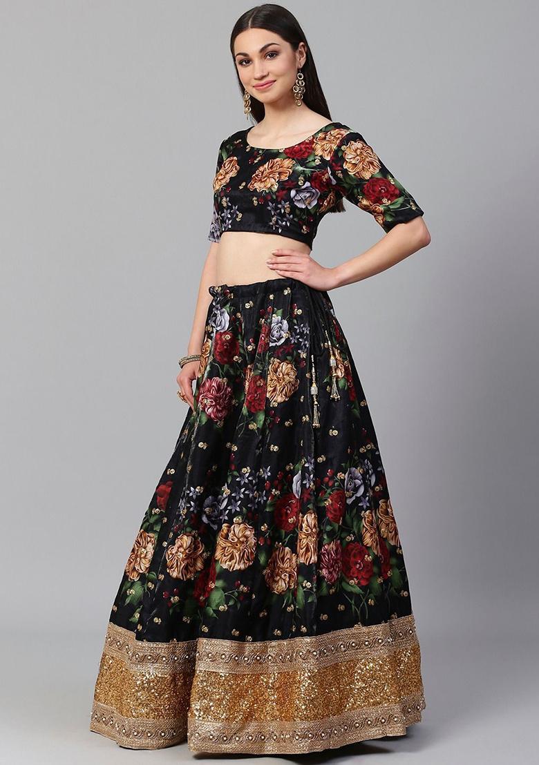 Black Printed Poly Blend Lehenga Set