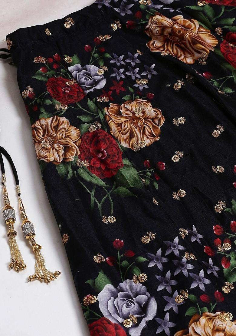 Black Printed Poly Blend Lehenga Set