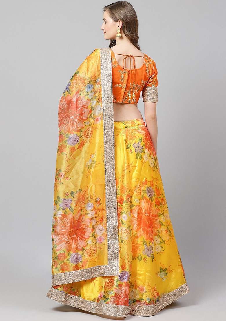 Yellow Printed Poly Blend Lehenga Set for Diwali and Festive Wear - Indya