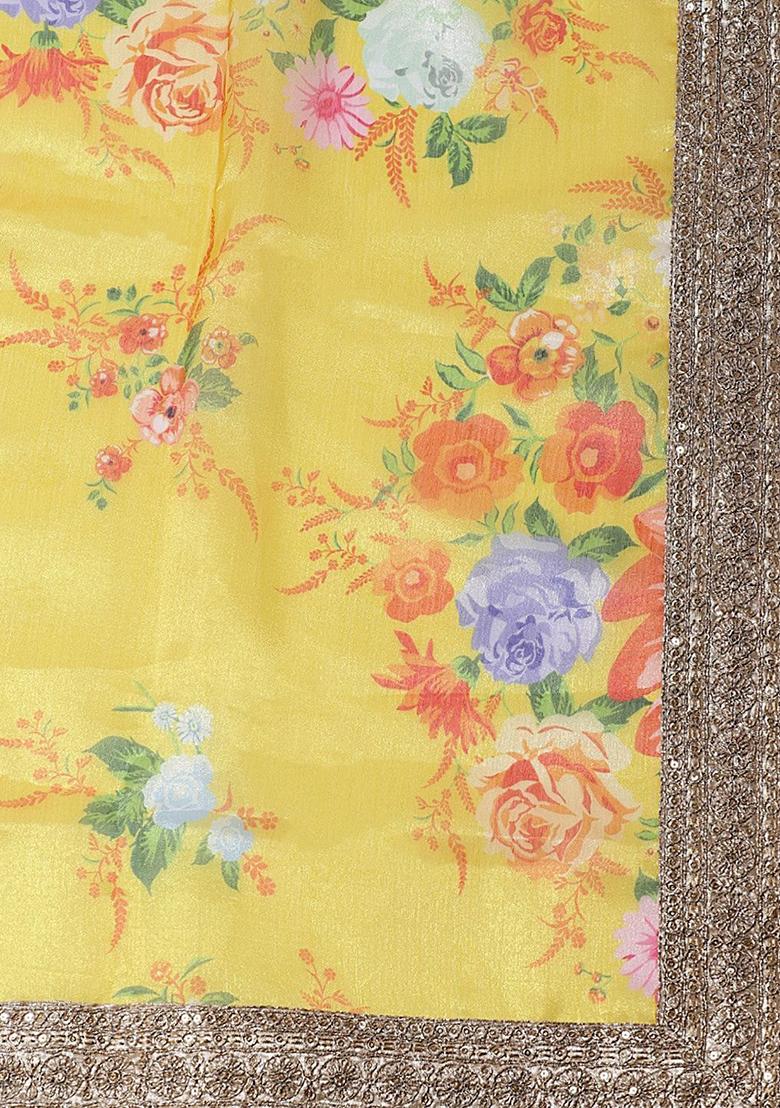 Yellow Printed Poly Blend Lehenga Set