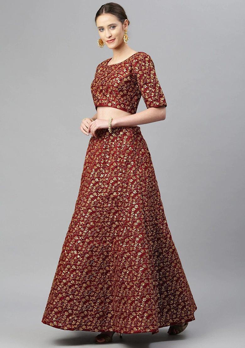 Maroon Embroidered Poly Blend Lehenga Set
