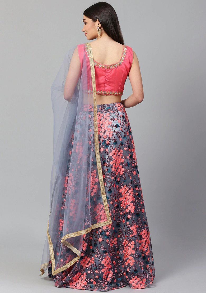 Grey Embroidered Poly Blend Lehenga Set