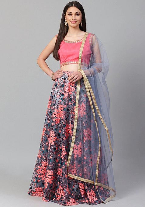 Grey Embroidered Poly Blend Lehenga Set