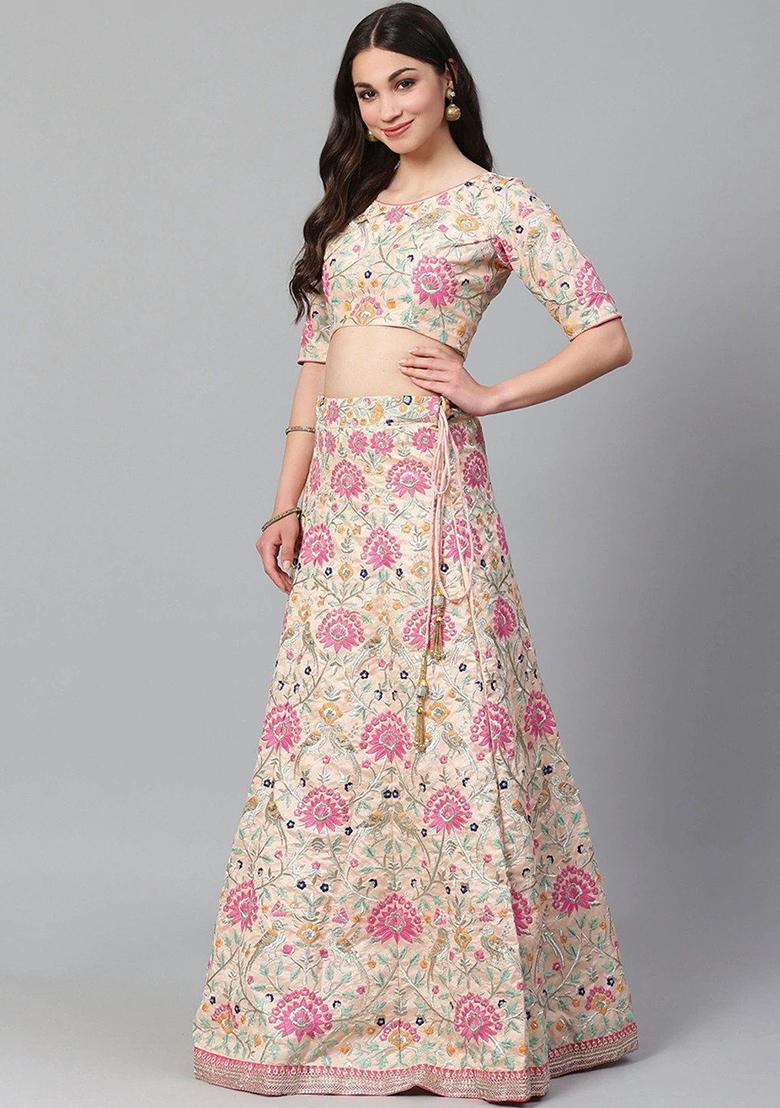 Peach Embroidered Poly Blend Lehenga Set
