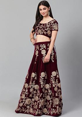 Purple Embroidered Poly Blend Lehenga Set